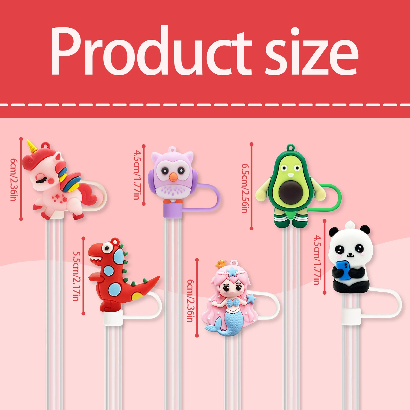 Silicone Straw Cover Caps Topper ,Cute Funny unicorn，mermaid，panda，avocado，owl，dinosaur ， Dust-Proof Reusable Straw Tips Lids