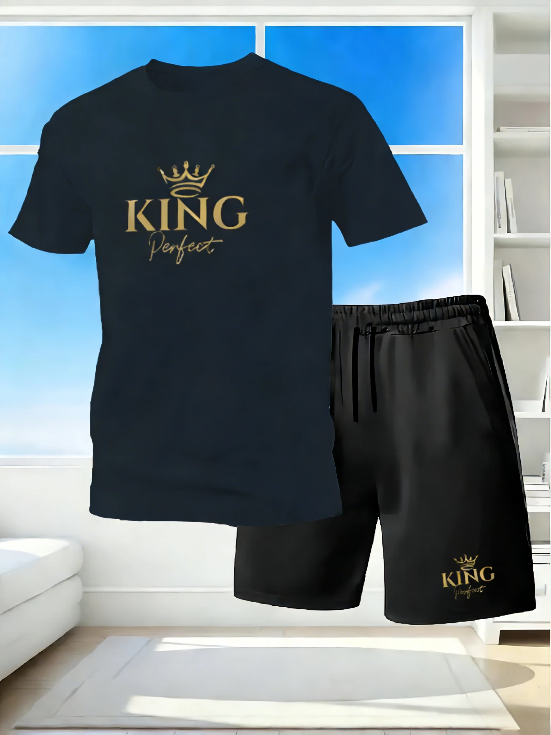 

2026 New Men's Luxury Two-Piece Set - Gold Crown Letterprint T-Shirt + Black Shorts - Comfortable and Casual Attire