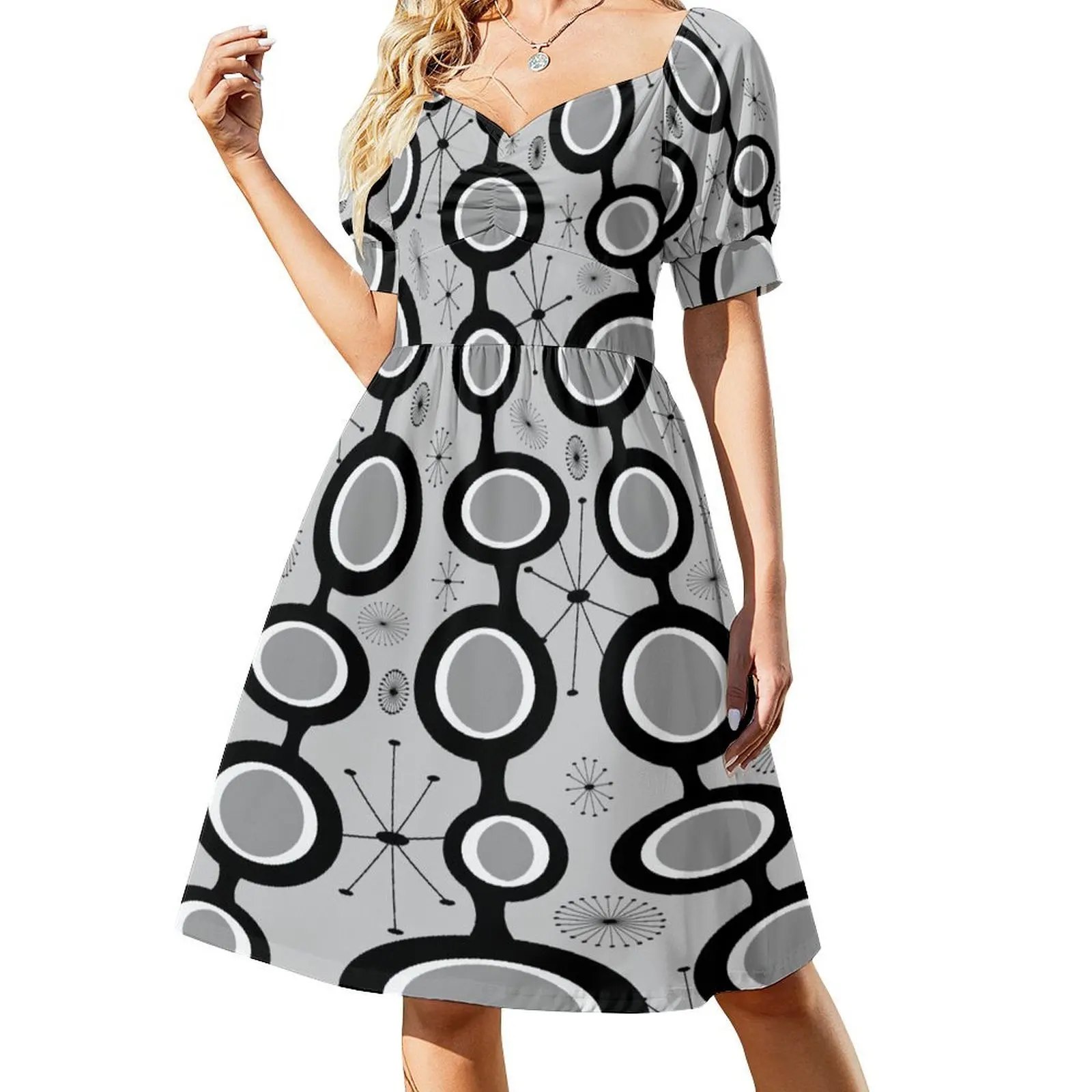 

Gray Atomic Age Art - Mid Century Modern in Black & White Short Sleeved Dress beach dresses Dress