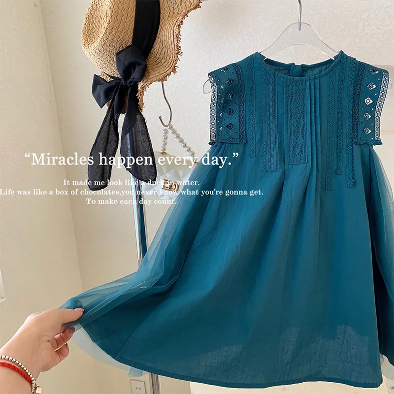 2 3 4 5 6 8 Years Girls Dress Summer New Solid Color Splicing Mesh Sleeveless Princess Dress For Baby Kids Fashion Party Dress