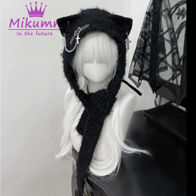 

Mikumn Harajuku японская кавайная шапка с кошачьими ушками и шарфом для женщин и девочек Y2K панк-цепочка с перекрестной цепочкой кожаная пряжка вязаные зимние теплые шапки