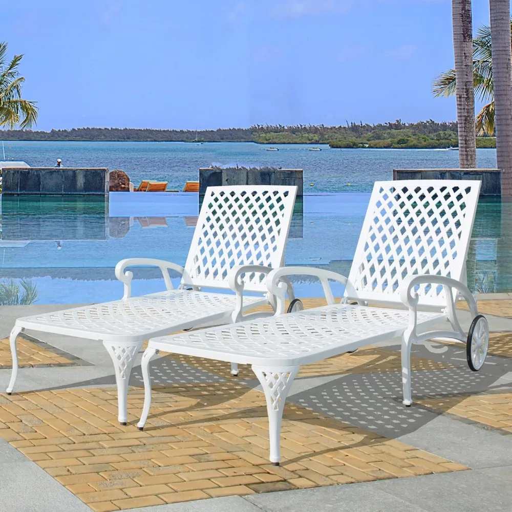 

Chaise Lounge Chair Outdoor, Poolside Lounger Set of 2 Cast Aluminum Tanning Chairs with Adjustable Backrest and Moveable Wheel