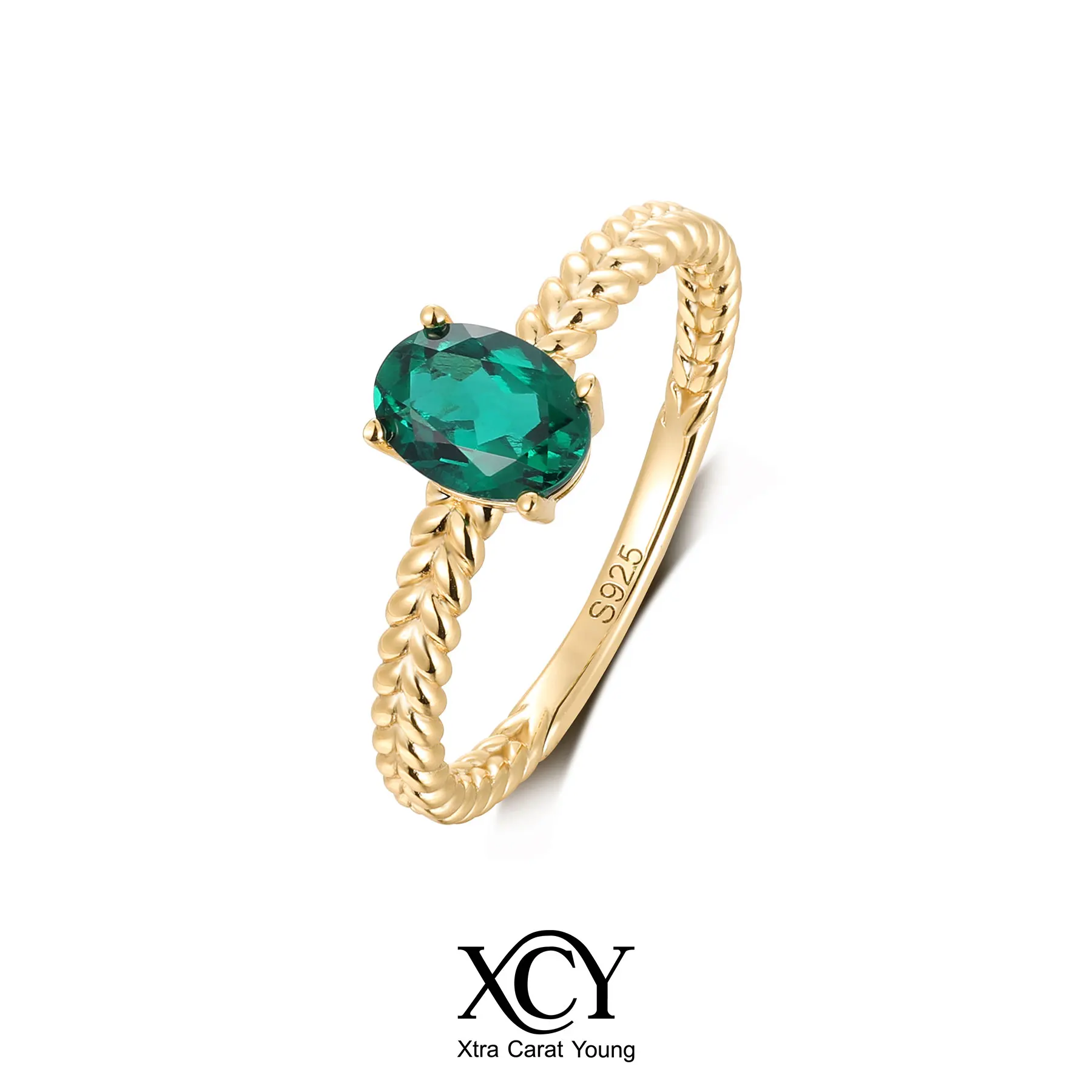 

XCY 5*7mm Oval Cut Emerald Ring for Women 18k Gold Plated Solitaire Lab-Grown Gem Stackable Band Anniversary Custom Jewelry
