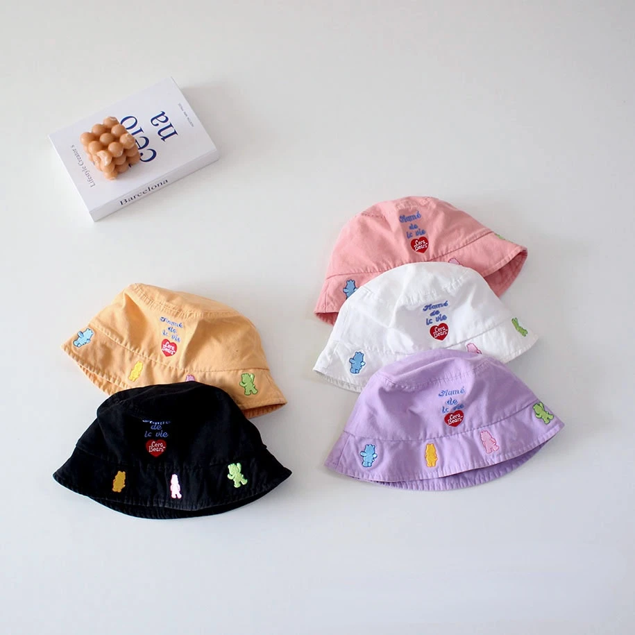 Children's Fisherman Hat Cartoon Bear Embroidery Washed Cotton Fisherman Hat Letter Love Basin Hat Male and Female Baby Sun Hat