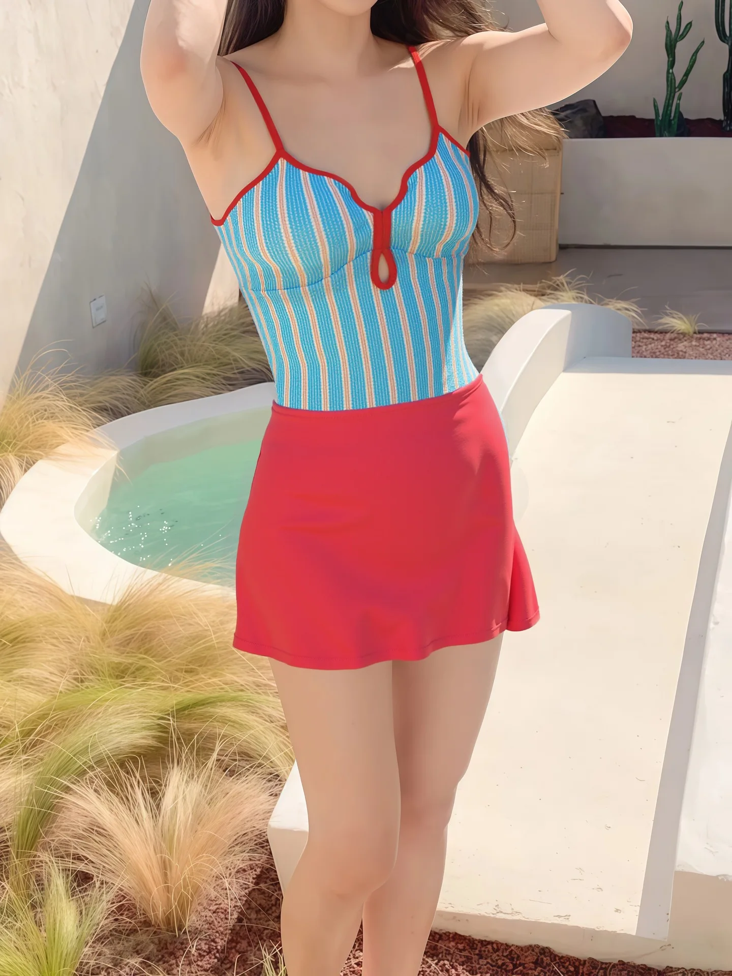 Slimming Fit Swimsuit Striped Plaid Floral One-Piece Triangle Tummy Control Swimsuit Resort Vacation Beach Bathing Suit