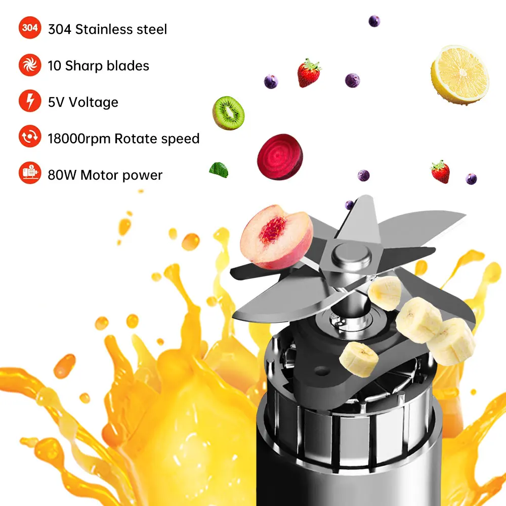 Portable Electric Blender 350ml 10 Blades Rechargeable Electric Juicer Shakes and Smoothies Juicer Cup for Travel Picnic