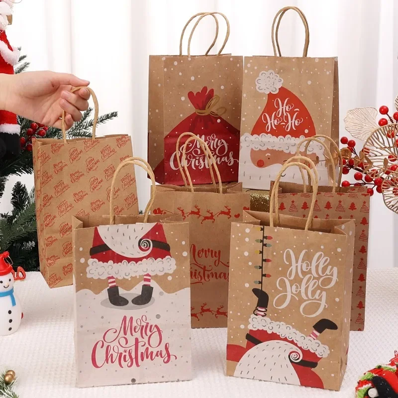 Sacchetto di carta Kraft Confezione natalizia Borsa di carta regalo Babbo Natale Pupazzo di neve Modello Buon Natale Decorazioni per feste a casa