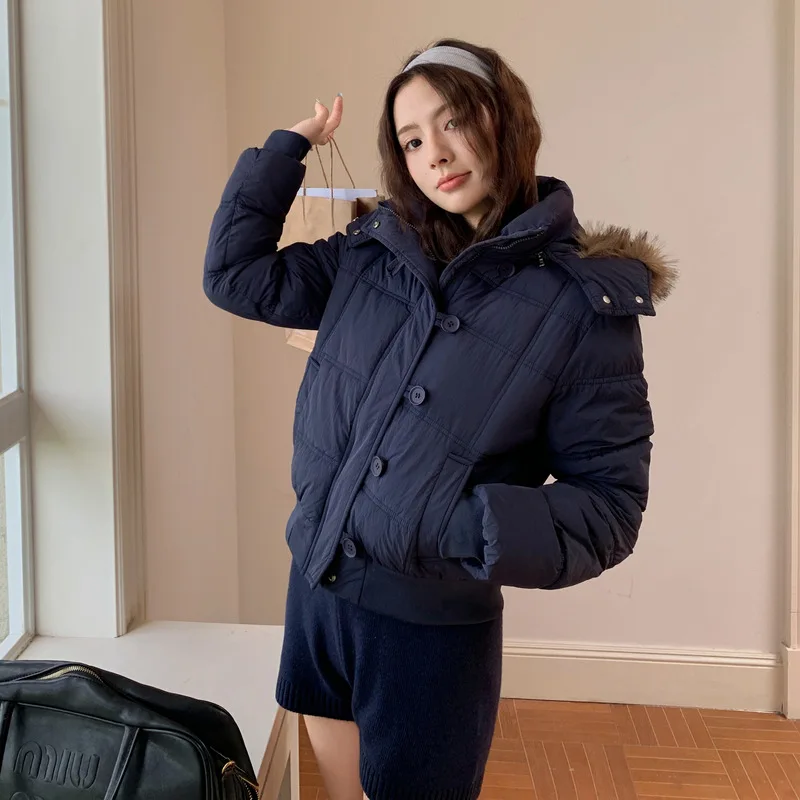 Women Short Parkas Coat Hooded Overcoat Solid Fur Collar Long Sleeve Zipper Single Breasted Loose Thick Office Lady Winter 2025