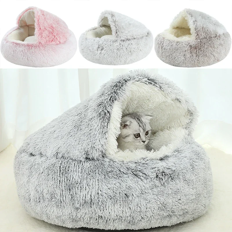 Cama de felpa para gatos de invierno, cojín redondo para gatos, casa para gatos 2 en 1, cesta cálida para gatos, saco de dormir para mascotas, nido