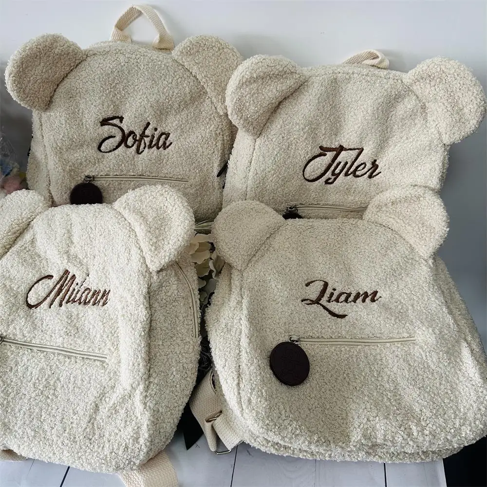 Personalised Baby Girls Backpack Cute Bear Plush Solid Color Baby Bag Custom Name Casual Backpack for Toddler Kids