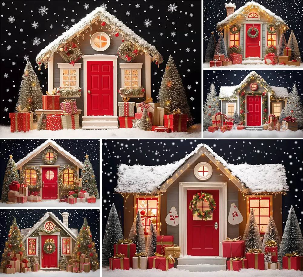 

Mehofond Christmas Red Door Photography Backdrop Kids Family Portrait Xmas Tree Star Gift Snowflakes Background Photo Studio