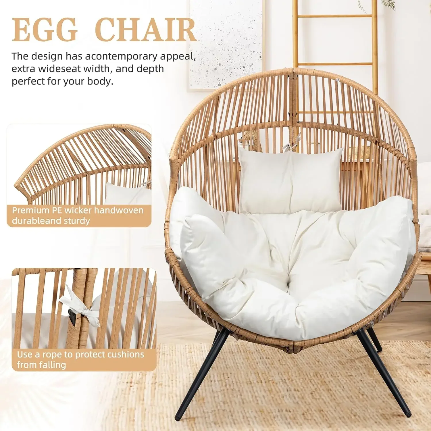 Silla de mimbre con forma de huevo, silla de ratán PE con cojín, sillón de patio de gran tamaño para exteriores, interiores, balcón, jardín, sala de estar, color beige