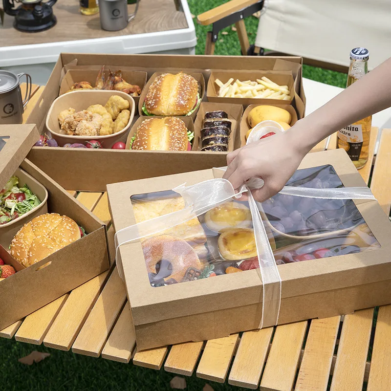Customized Disposable Picnic Box Outdoor Camping Kraft Paper Packing Box Fruit Dessert Bento Spring Outing Popular Fruit Box