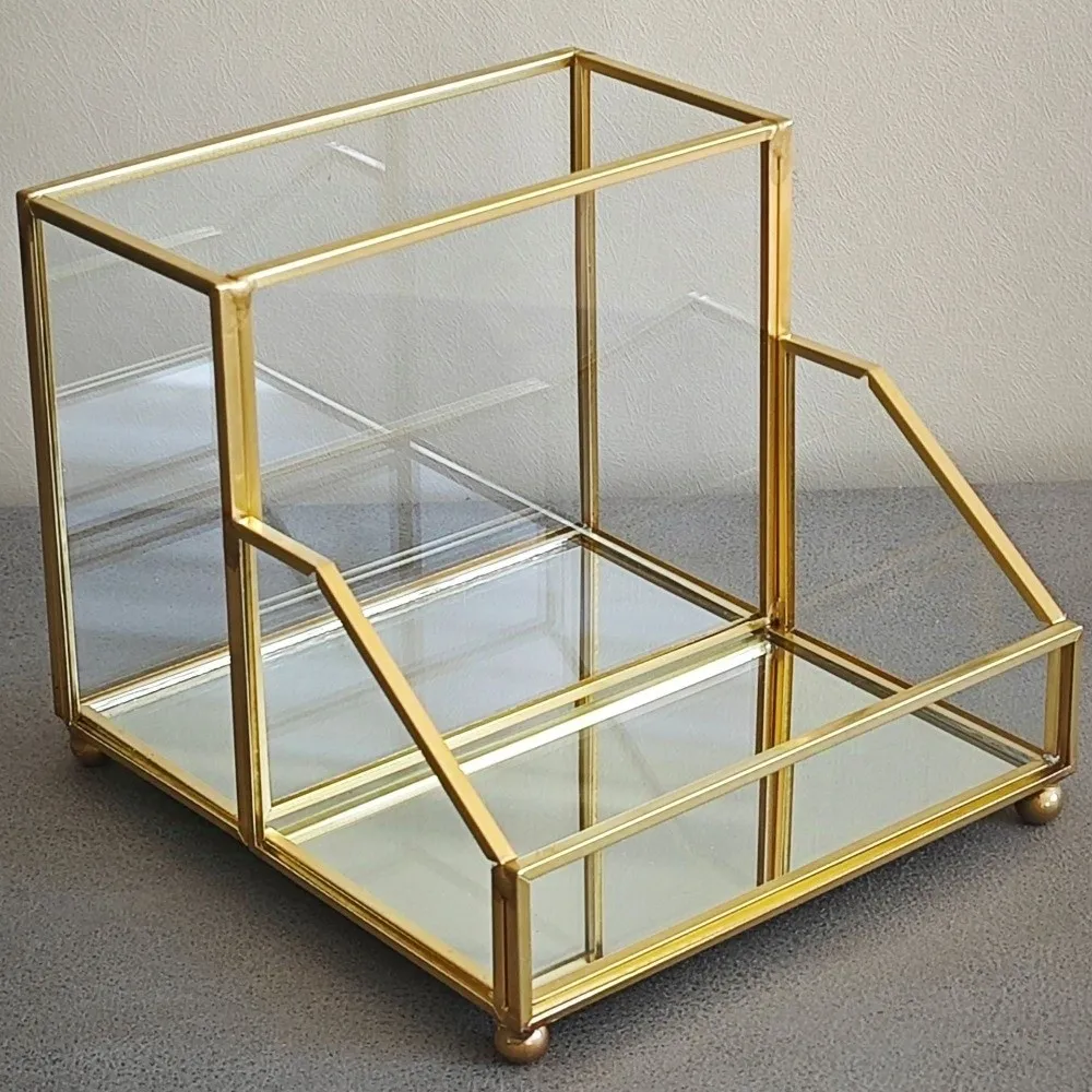 Creative Elegant Business Card Box Clear glass Business Card Holder Modern Golden Edge Name Card Organizer Desk