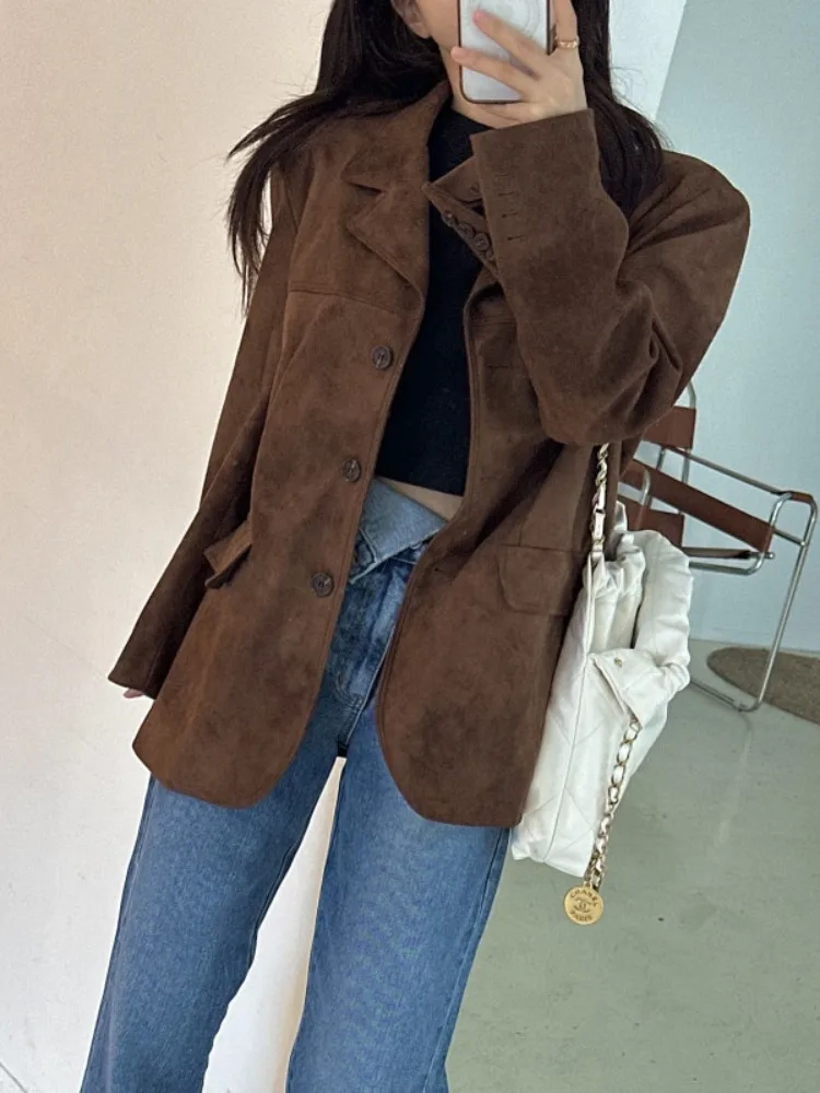 Jaet en cuir et velours pour femmes, bouton unique, Hong Kong Sle, rétro, Chic, ample, polyvalent, sensation haut de gamme, tendance, automne