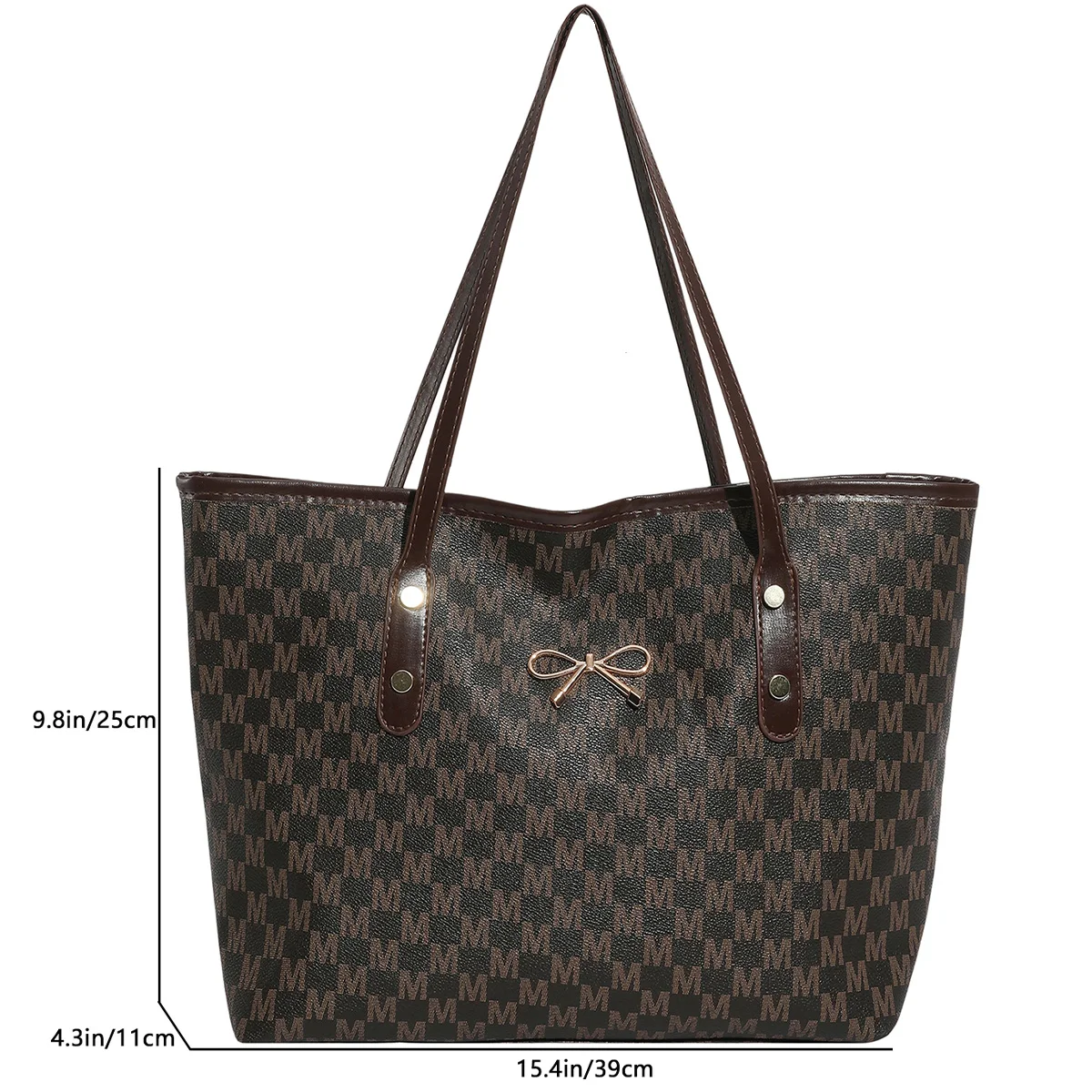 For Office Commute Bag Fashion Business Tote Bag M Letter Print Gold Bow Logo Solid Color PU Large Capacity Zipper image 2