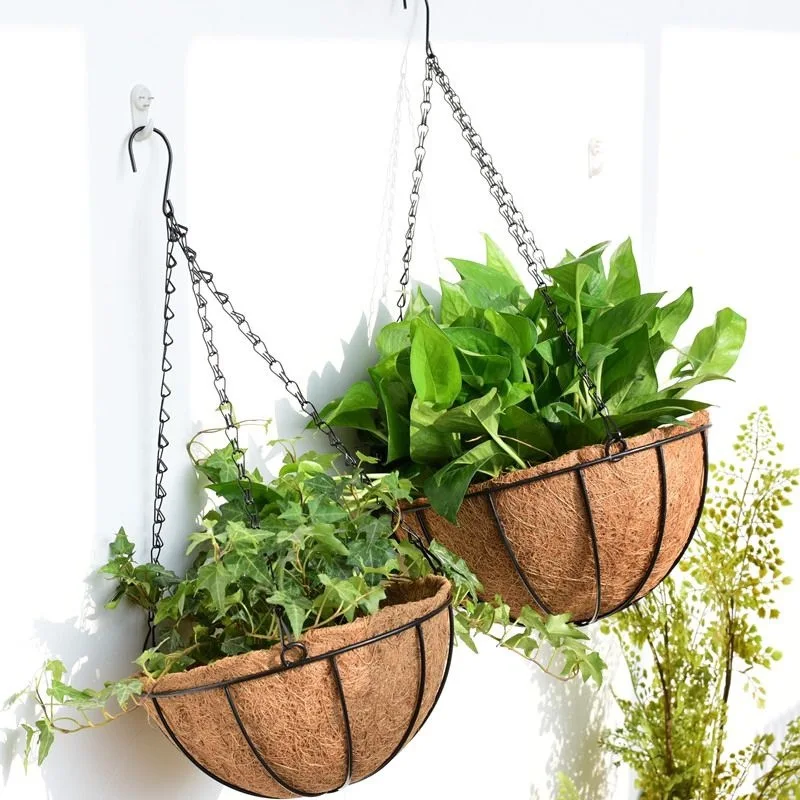 Metal Hanging Basket With Coconut Liner 8/10 Inch Round Wire Plant Holder Flower Pot Home Balcony Garden Hanging Plant Decor