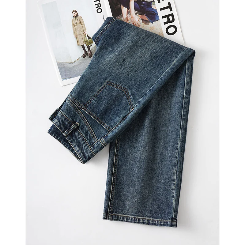 Tasche con bottoni con cerniera alla moda Jeans dritti in tinta unita abbigliamento donna 2024 autunno inverno nuovi pantaloni Casual larghi a vita alta