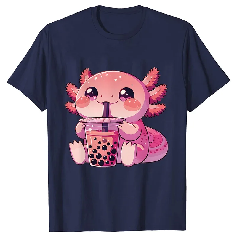 Summer Women Clothing Kawaii Bubble Tea Boba Axolotl Tees Casual Short Sleeved T-shirt Fashion Female Harajuku Graphic Y2k Tops