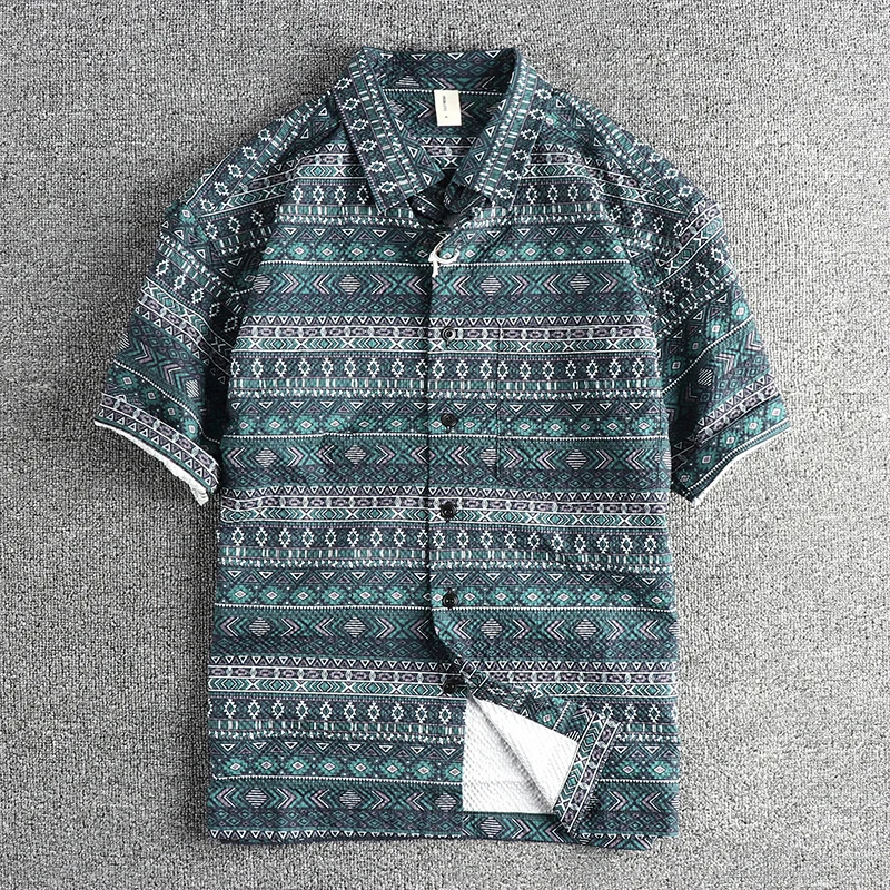 Trend retro national wind totem short sleeve shirt men's seersucker breathable comfortable loose casual half sleeve top