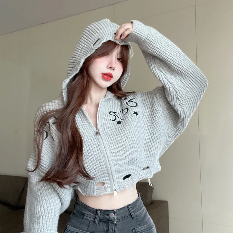 Deeptown Harajuku Cropped Sweater Women Vintage Streetwear Female Knit Cardigan Korean Fashion Hooded Knitwear Zipper Crop Top