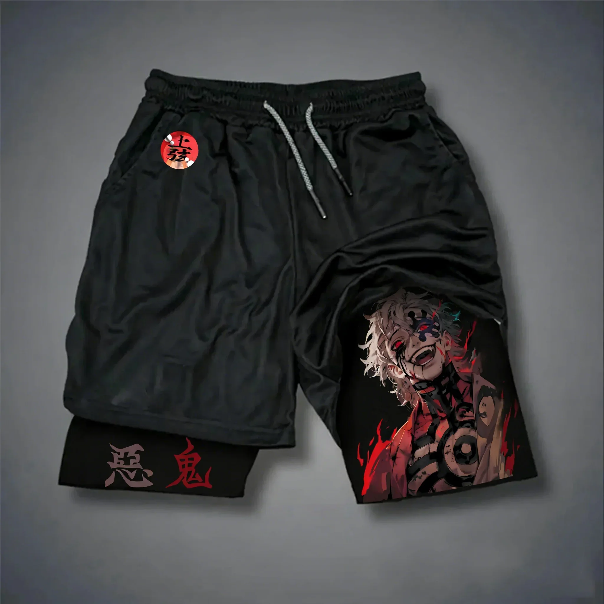 Demon Slayer Unisex Summer 2-in-1 Shorts New Douma Anime Printed Fitness Quick Drying Breathable Sports Double-layer Shorts