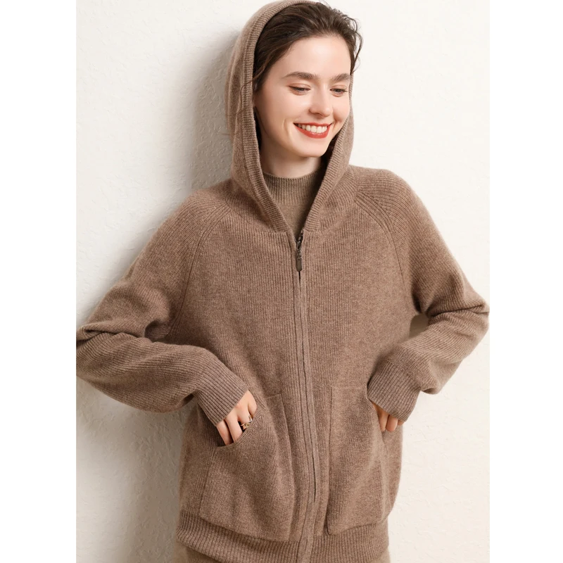 2022 Spring Autumn New Women\'s 100% Cashmere Cardigan Fashion Colors Female Knitted Hooded Cardigans Loose Soft Knit Classic