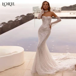 LORIE Luxury Glitter Mermaid Wedding Dresses Off Shoulder Sparkly Detachable Sleeves Bridal Gowns Backles Shiny Bride Dress 2024