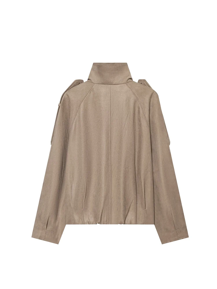 TFMLN Women's Suede Short Jacket Loose Stand Collar Long Sleeve Pockets Coats 2026 Autumn Casual Double Breasted Jackets