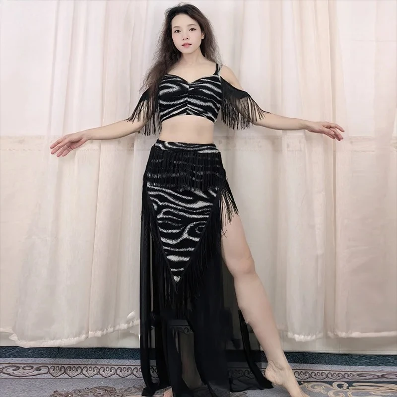 Women's Belly Dance Tassel Set Elegant StripeDouble-layer Training Costume Performance Clothing OrientalDancing Practice Outfits