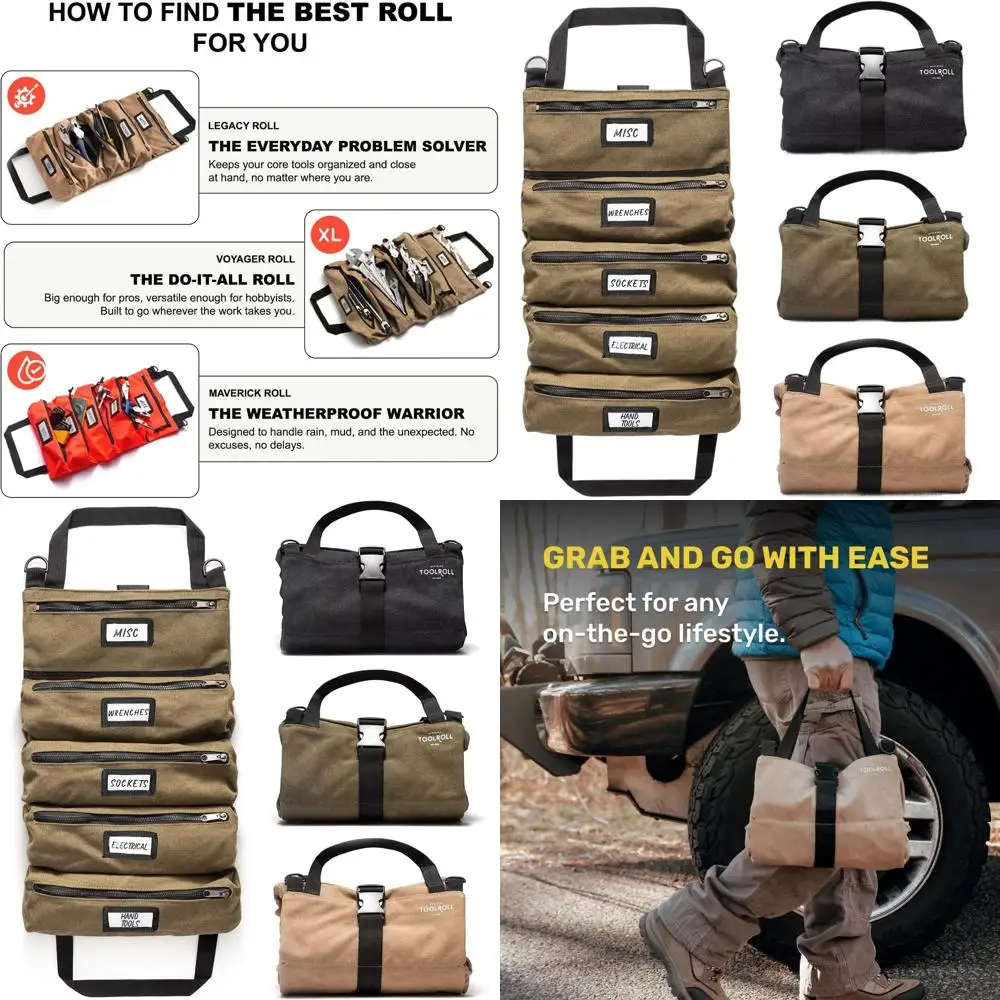 

Compact 5-Pocket Canvas Roll Bag with Rust-Resistant Zippers - Perfect Gift for Dads, Mechanics, and Hobbyists | Army Green