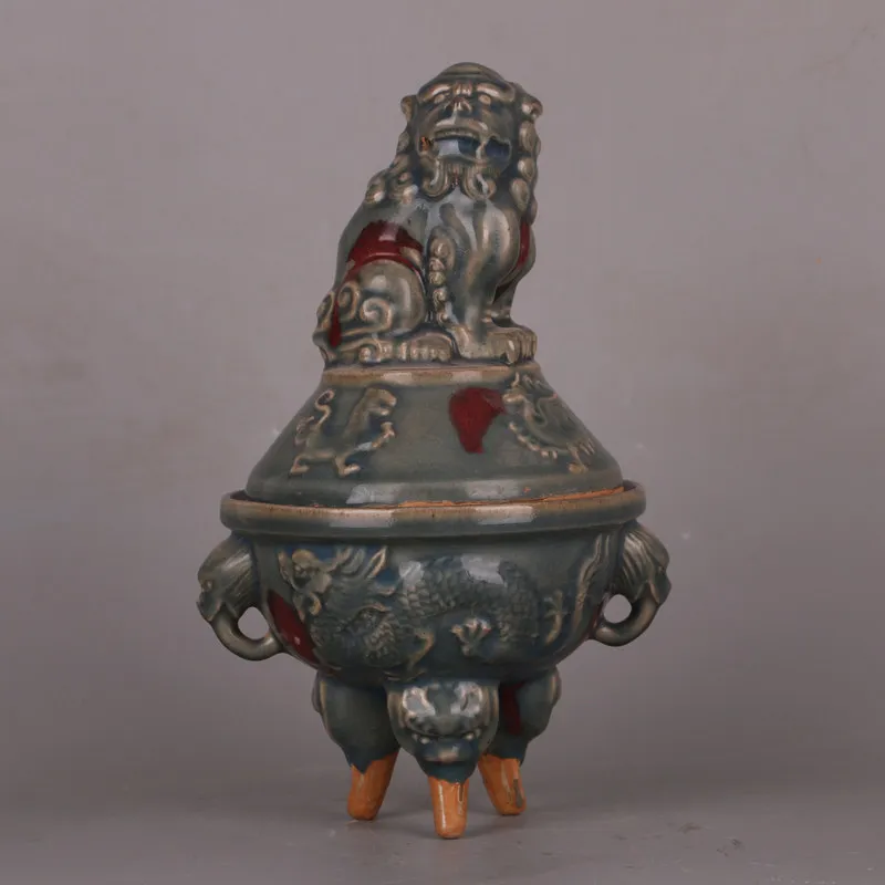 Song Dynasty Jun Ware Splash Color Lion Mythical Beast Relief Incense Burner Chinese Vintage Home Decor Collectible Ornament