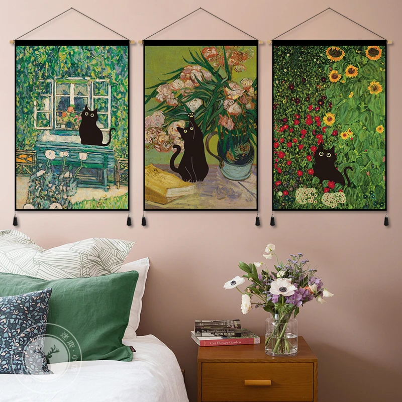 Funny Black Cat in Famous Paintings Tapestry Wall Hanging - Room Decor Aesthetic with Rod for Living Room Bedroom Wall Decor