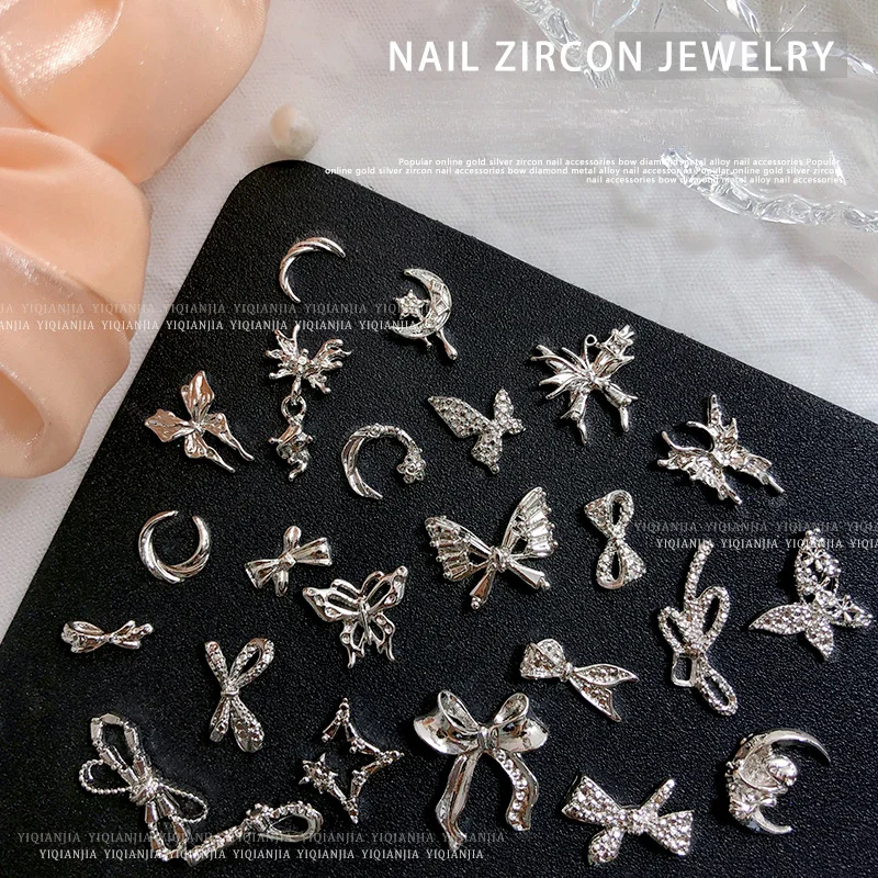 Metal Nail Art Jewelry Noble and Exquisite Plating Manicure Nail Drill Double Layer Bownet Sliver Moon Butterfly Nail Drill