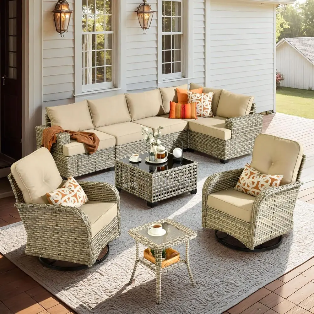 

Всепогодный 9-местный уличный секционный диван-комплект с вращающимися креслами и электрическим кофейным столиком для патио, сада, заднего двора, террасы (бежевый)