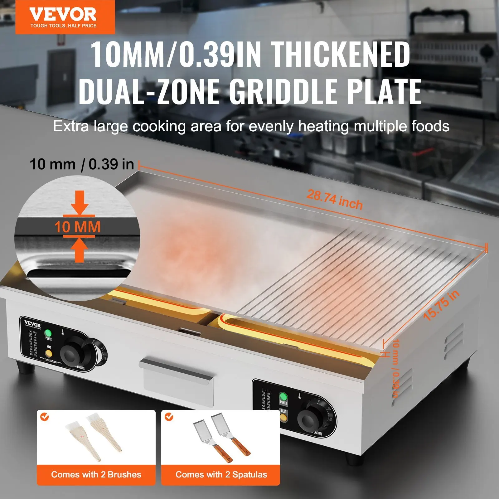 Commercial Electric Griddle, 2800W Countertop Half-Flat Top Grill, 122°F-572°F Adjustable Temp