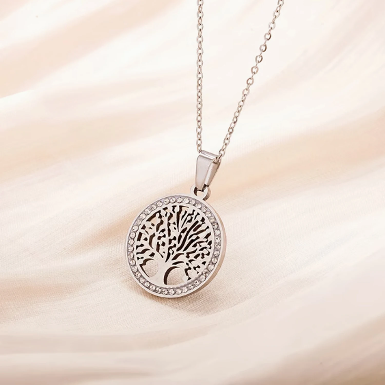 Fashion Light Luxury Tree of Life Diamond-Studded Outer Circle Large Tree Women's Pendant Necklace Stainless Steel Jewelry Gift