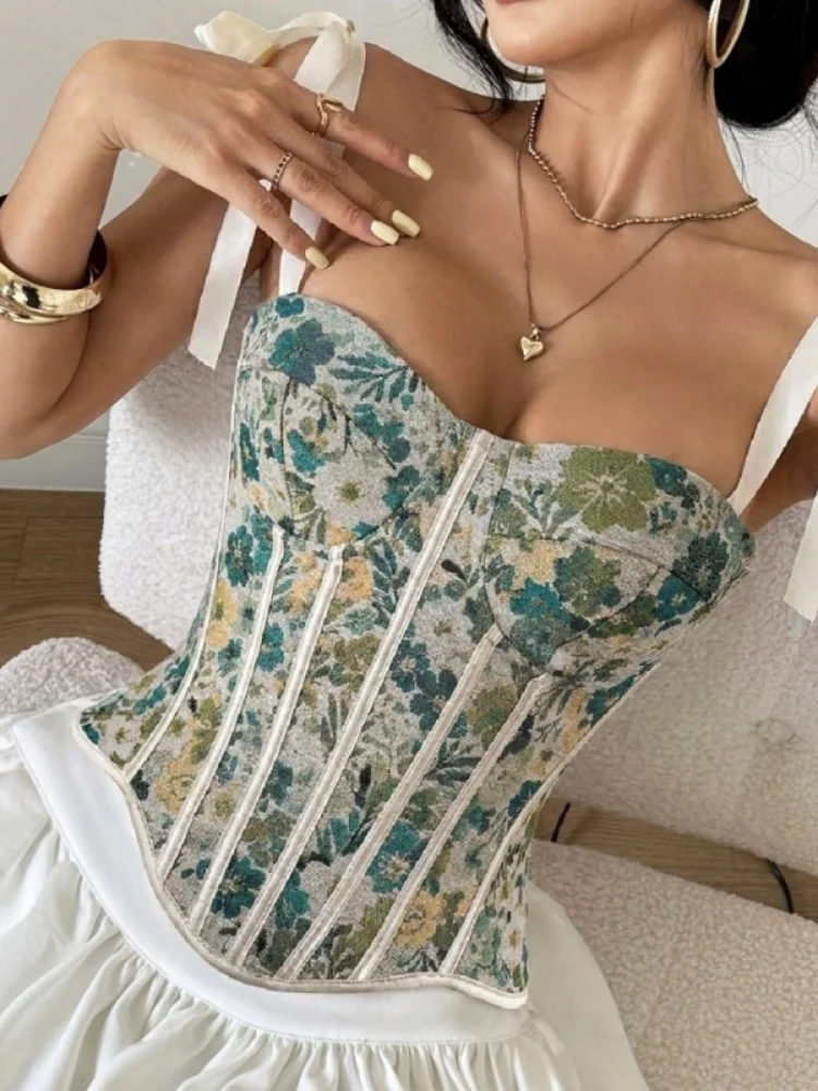 Shestyle Green Flower Bone Corsets Women Vintage Sleeveless Back Tie Up Bandage Slim Waist Cinching Chic 2026 Vest Camis Fashion