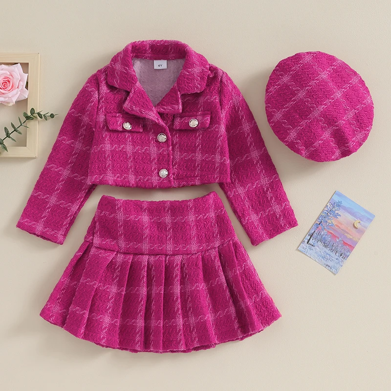 Kids Baby Clothes Tween Girl Plaid Print T Crop Jacket Blazer Pleated Skirt With Hat 3Pcs Mini Skirt Set Outfit