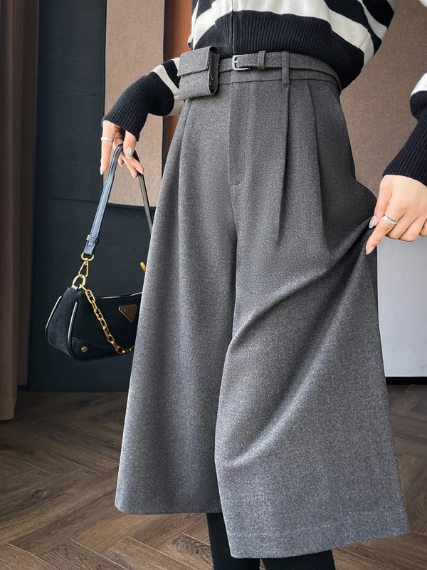 High Waist Wide Leg Woolen Pants Autumn Winter Casual Loose Fit Ladies plus Size Straight Cut Short Boot Trousers