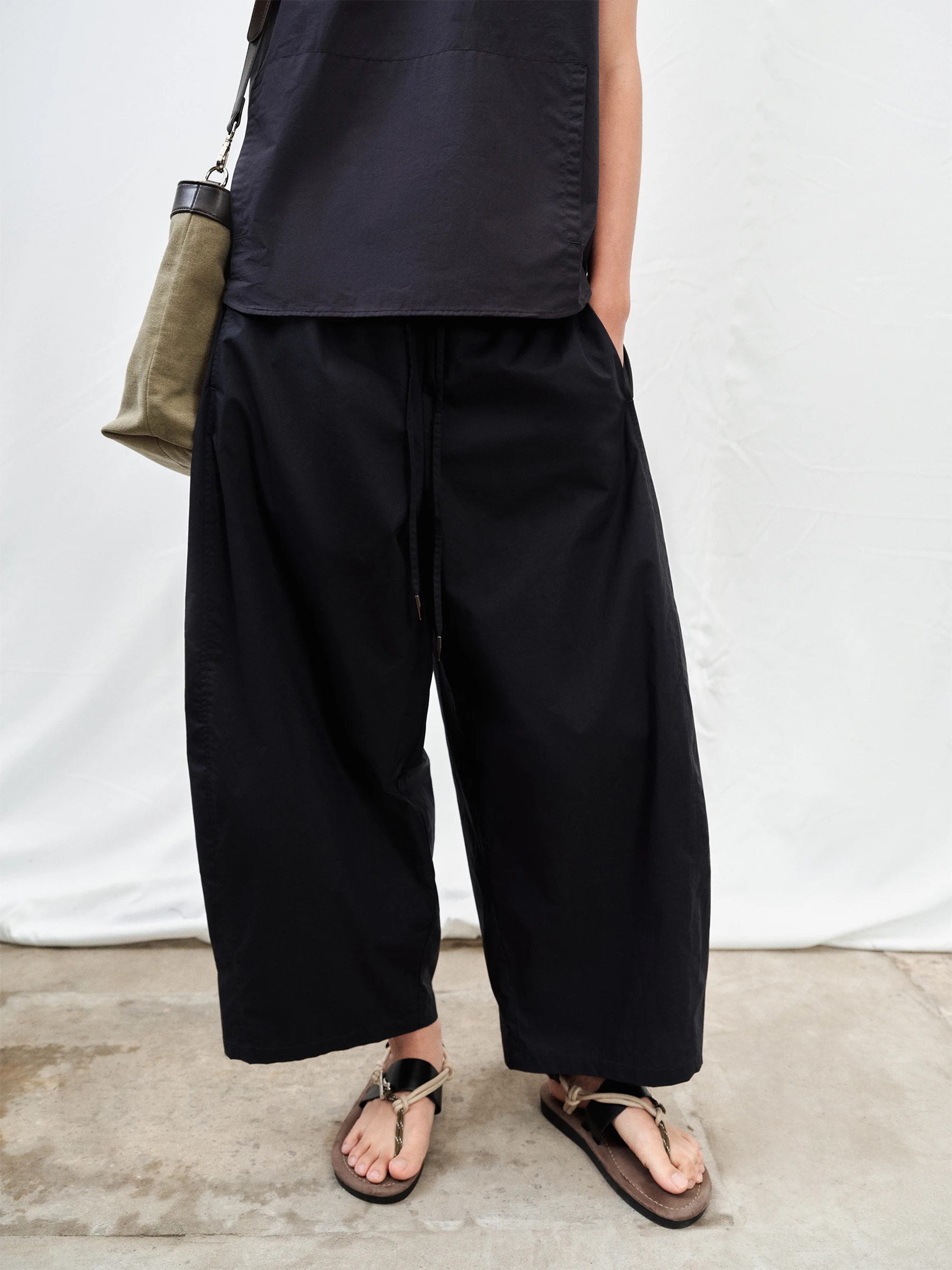 SHKUCO Casual Cotton Drawstring Lightweight Loose Wide Leg Nine Point Pants Texture Feeling Stylish Female Leisure Trousers