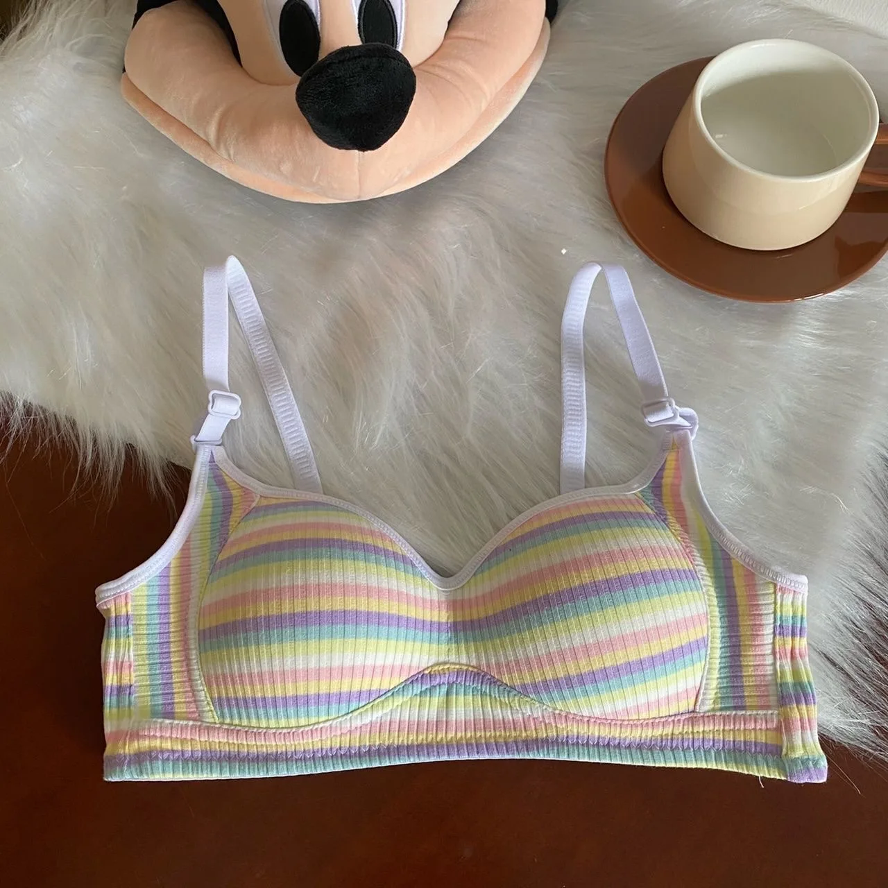 SP&CITY Spicy Girl Rainbow Striped Gathering Bra For Women Small Chest Soft Thin Traceless Underwear Colorful Breathable Bras