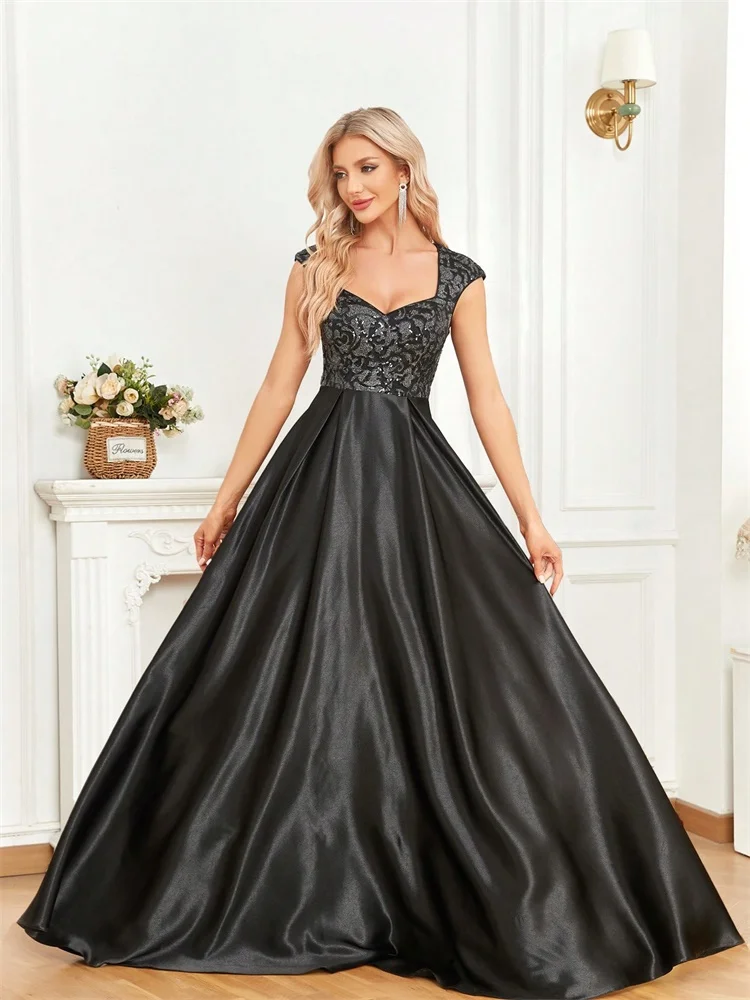 Elegant Sequins Black Formal Evening Dress For Women 2025 Luxury U-neck Satin Prom Floor Length Cocktail Party Dress