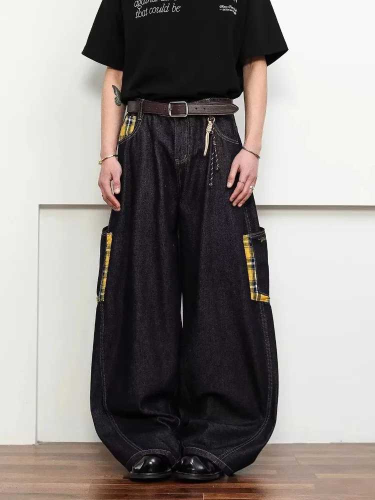 Damskie ciemnoniebieskie szerokie jeansy Y2k z zakrzywionymi nogawkami, spodnie jeansowe w stylu vintage z lat 2000, z wysokim stanem, ubrania w stylu trash.