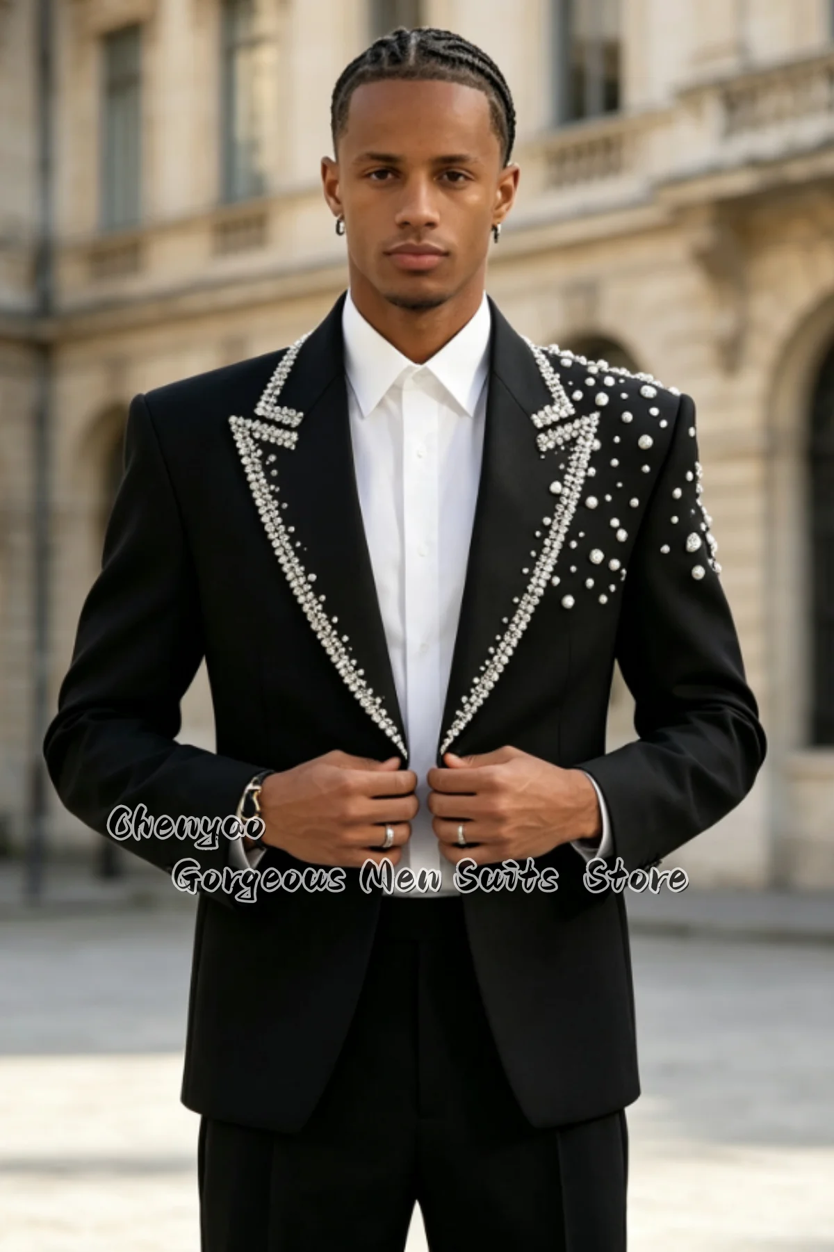 Classic Men Suits 2Piece Tuxedo Rhinestone Trim Asymmetrical Pearl Rhinestone Studded Slim Male Blazers Customized Costume Homme