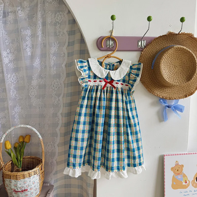 

2026Summer style doll collar lace trim plaid girls' dress with flutter sleeves and bow children's princess dress