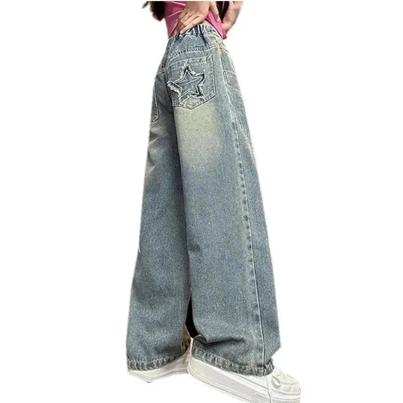 

Hot Sale Kids Girl High Waist Straight Leg Jeans with Star Tweens Child Casual Denim Pants Casual Trousers Age 4 To 14 Years Old