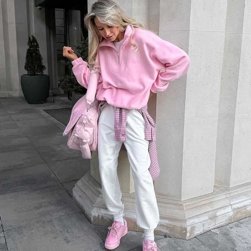 Casual Fleece Lapel Sweatshirt Women Pink Loose Zippers Long Sleeve Pullovers 2024 Autumn New Lady Fashion All-match Outwear