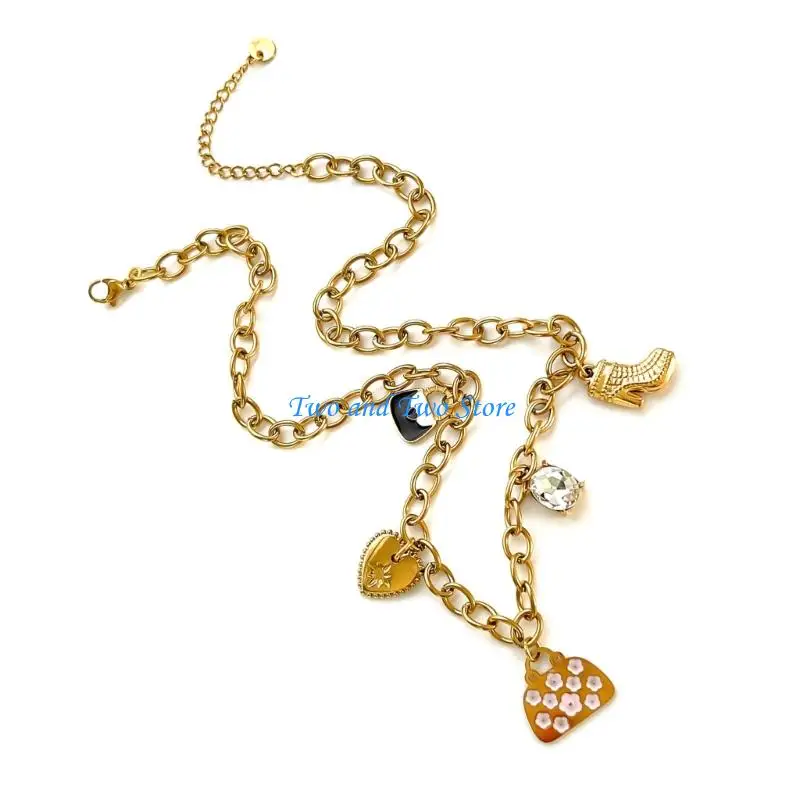 

HX6F Stylish Rhinestones Heart Pendant Necklace Stainless Steel Neckchain Enamel Jewelry For Everyday Wear or Gifting