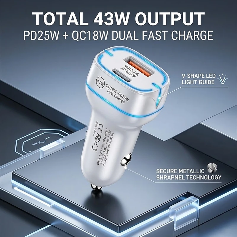 Cargador de Coche USB C de Doble Puerto y Carga Rápida de 43W, Adaptador de Corriente para Vehículo con PD de 25W y QC de 18W, con Luz LED, Compatible con Tablets y Teléfonos Celulares